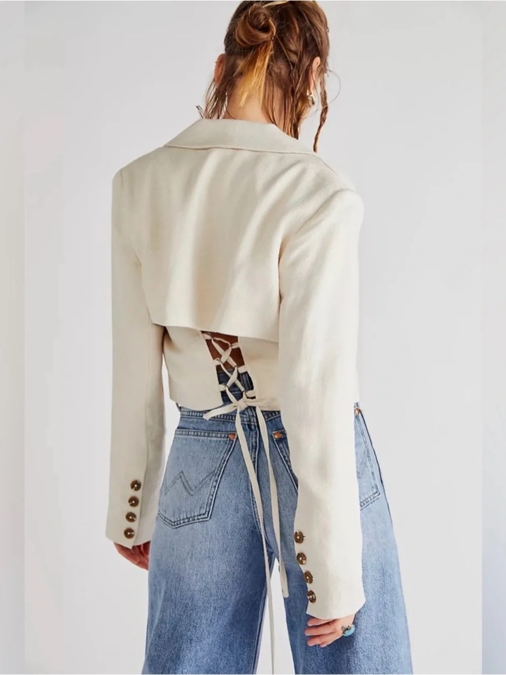 Cropped Lace-Up Got Your Back Linen Cream Jacket